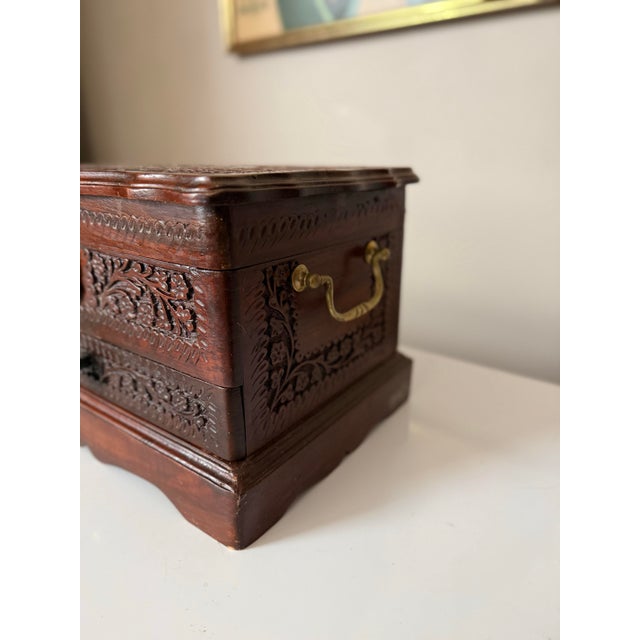 Wood Vintage Hand Carved Imported Mahogany With Brass Inlay Jewelry Box For Sale - Image 7 of 10