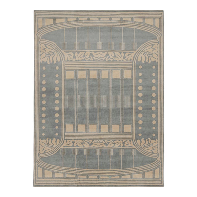 Rug & Kilim’s French Art Deco style rug in Blue & Cream Geometric Patterns - 12x14 For Sale