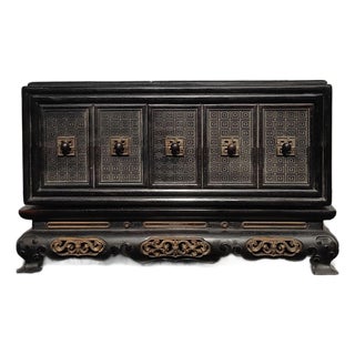 Antique Chinese Hardwood Jewelry Chest With Gilt-Bronze Inlay & Hidden Drawers For Sale