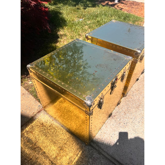 Vintage Pair 1970s Large Brass Cedar Lined Storage Trunk Styled After Sarried For Sale - Image 6 of 10