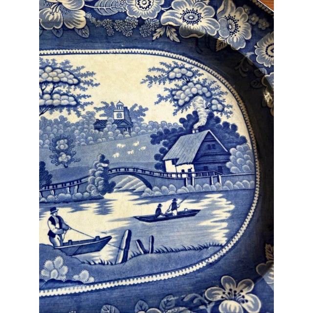 English Antique Dark Blue Transfer Decorated Staffordshire Platter, "Wild Rose" For Sale - Image 3 of 12