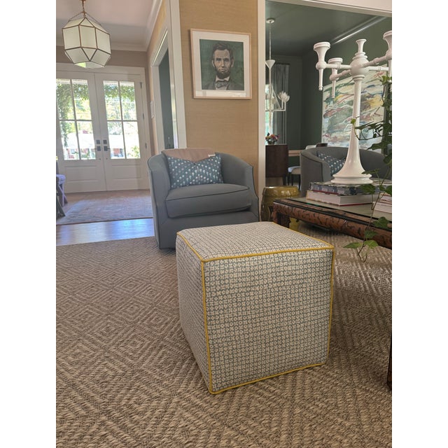 Custom upholstered ottoman stool in Martyn Lawrence Bullard Boho Basketweave teal blue/white designer fabric with yellow...
