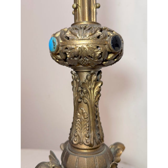 Antique 1800's Ornate Bronze Religious Candle Holder Electric Table Lamps - a Pair For Sale - Image 12 of 14