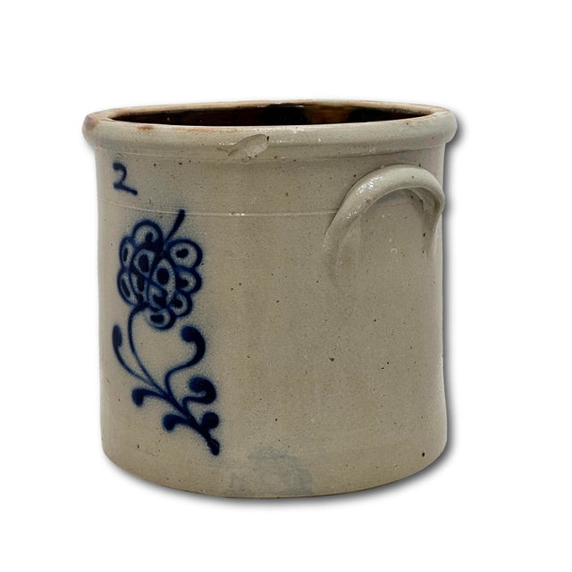 American Antique American 2 Gallon Stoneware Storage Crock With Beautiful Hand Decorated Blue Flower Design Circa Mid 1800s For Sale - Image 3 of 18