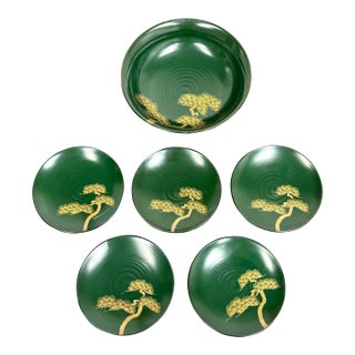 Japanese Green Lacquerware Plates + Bowl, Set of Five For Sale