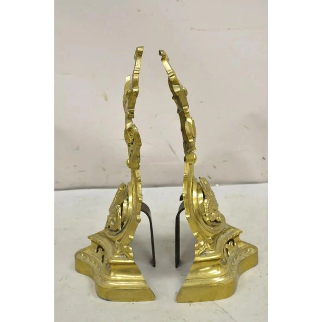 Vintage French Baroque Style Brass Figural Andirons With Dragon Griffins - Pair For Sale - Image 10 of 12