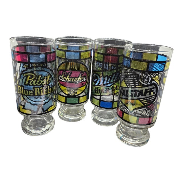 Set of Four, Vintage Anchor Hocking Stained Glass Bar Glasses Miller Falstaff Pabst Schaefer, 1970 For Sale