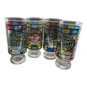 Set of Four, Vintage Anchor Hocking Stained Glass Bar Glasses Miller Falstaff Pabst Schaefer, 1970