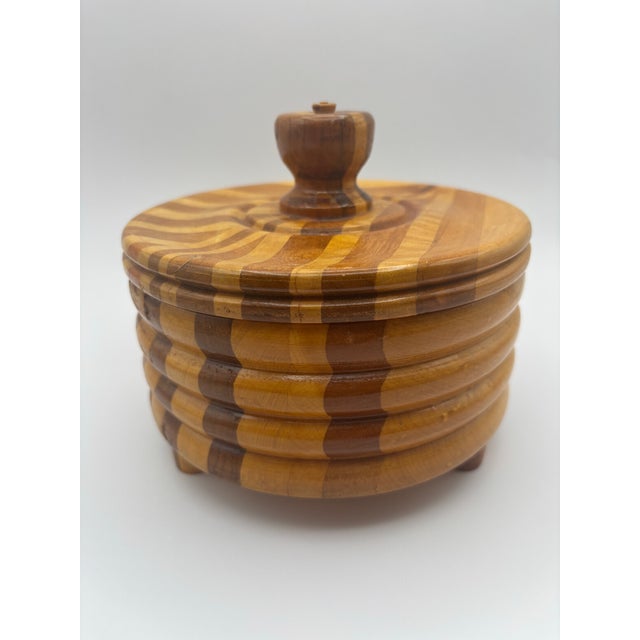 Wood 1996 Handcrafted Laminated Wood Lidded Bowl With Geometric Inlay For Sale - Image 7 of 11