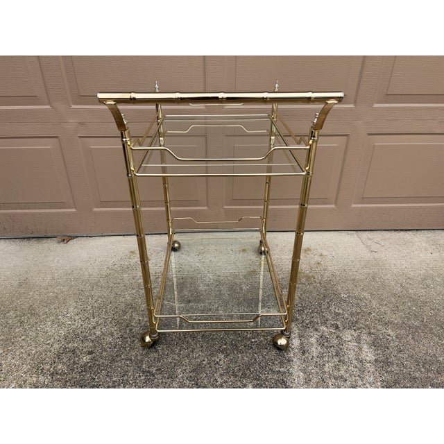 1960s Mid-Century Hollywood Regency Faux Bamboo Brass and Glass Bar Cart For Sale - Image 9 of 11