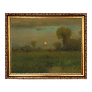 "Harvest Moon" Country Landscape Reproduction Print on Canvas, Framed 16x13 For Sale