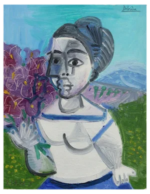 Raymond Debiève, Portrait of Woman with Irises, 1976, Oil on Cardstock Paper, Framed
