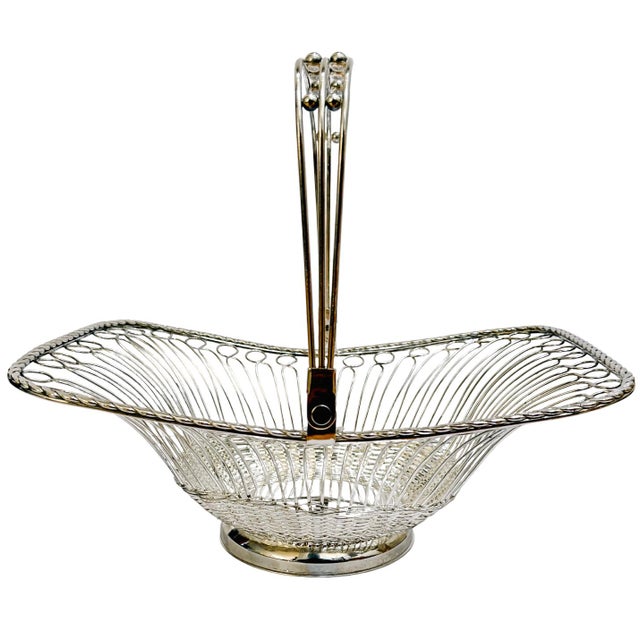Mid 20th Century Mid 20th Century Victorian Style Silver-Plated Wirework Centerpiece Basket With Folding Swing Handle For Sale - Image 5 of 8
