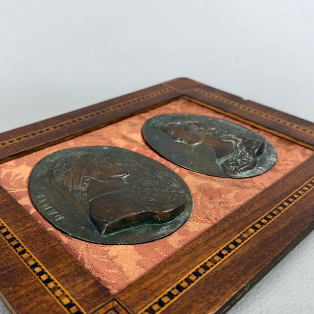 High Relief Metal Plate of Dante and Beatrice with Inlaid Wood Frame For Sale - Image 4 of 11