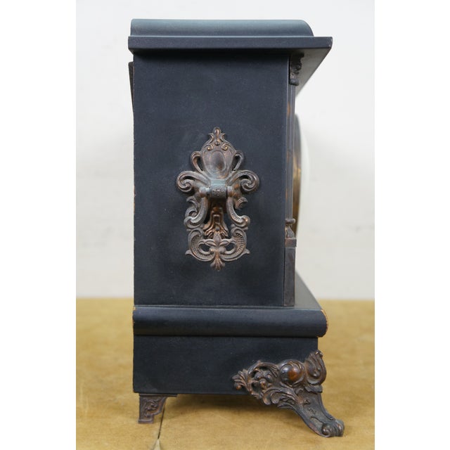 Antique Sessions Neoclassical Figure With Lyre Key Wound Mantel Clock For Sale - Image 4 of 14