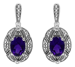 .925 Sterling Silver Diamond Accent and 8x6mm Purple Oval Amethyst Stud Earrings