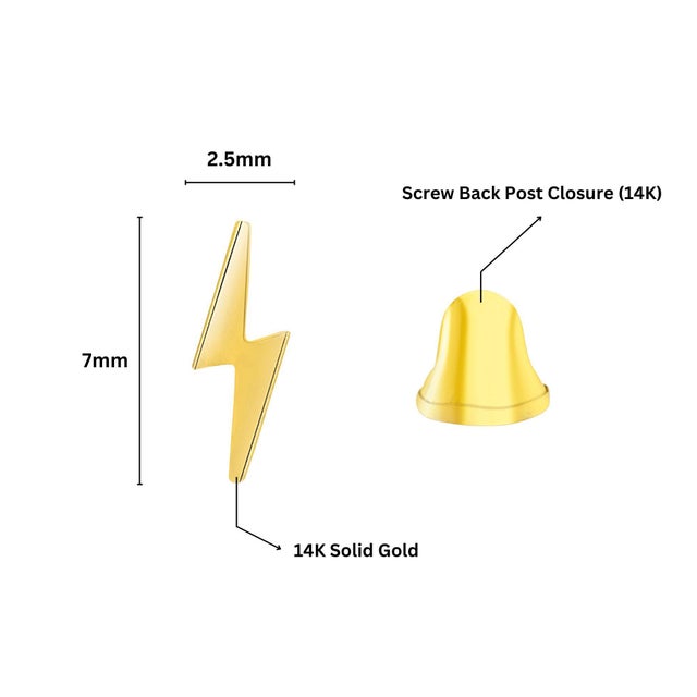 14k Solid Gold Lightning Bolt Dainty Stud Earrings in Screw Back Closure - 2 Pieces For Sale In Miami - Image 6 of 7