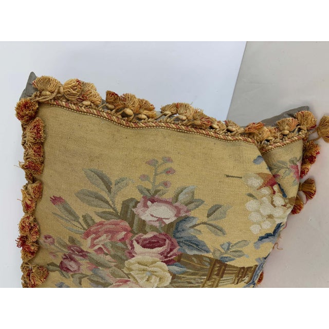 Mid 20th Century French Aubusson Style Tapestry Pillow with Silk Velvet Backing For Sale - Image 5 of 15