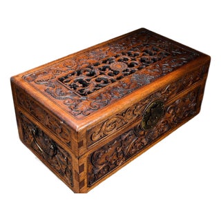Openwork Carved Hardwood Chest, Chinoiserie Floral Scroll Jewelry & Scent Box For Sale