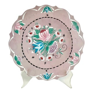 1996 Vintage Boho Chic Gustavian Scandinavian Hand-Painted Wood Plate. For Sale