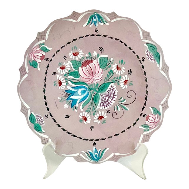 1996 Vintage Boho Chic Gustavian Scandinavian Hand-Painted Wood Plate. For Sale