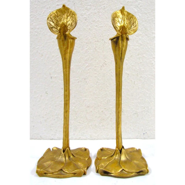Late 19th Century Late 19th Century Pair Art Nouveau German Cast Brass Calla Lily Candlesticks Attributed to Richard Müller For Sale - Image 5 of 13