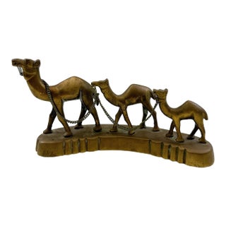 Vintage Brass Camel Caravan Figurine | Mid Century Modern Desert Sculpture | 3 Camel Statue | Hollywood Regency Boho Shelf Decor For Sale