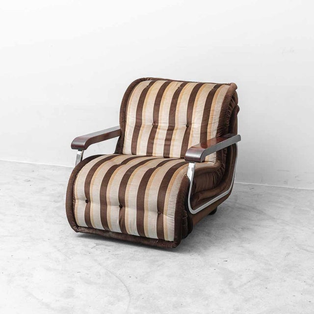 Brown Fabric Armchair with Wooden Armrests, 1970s For Sale - Image 10 of 10