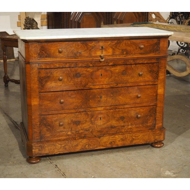 Antique French Burl Walnut Louis Philippe Style Commode White Carrara Marble Top, Late 1800s For Sale - Image 14 of 18