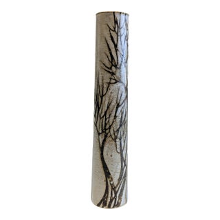 Anderson Design Studio Tall Stoneware Cylinder Vase With Winter Tree Motif, 1970s For Sale