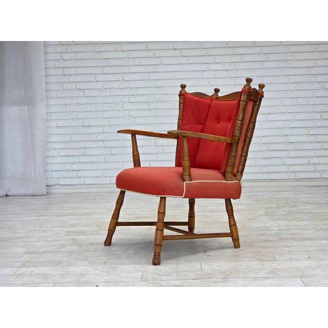 1960s, Scandinavian armchair. Red furniture wool, beech wood. Original good condition: no smells, no stains and stable...