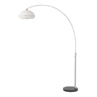 1960s Nova of California Morelli Floor Lamps - 92" Modern Arc Lamp, Satin Nickel Body, Black Marble Base, Lucite Shade, Dimmable For Sale