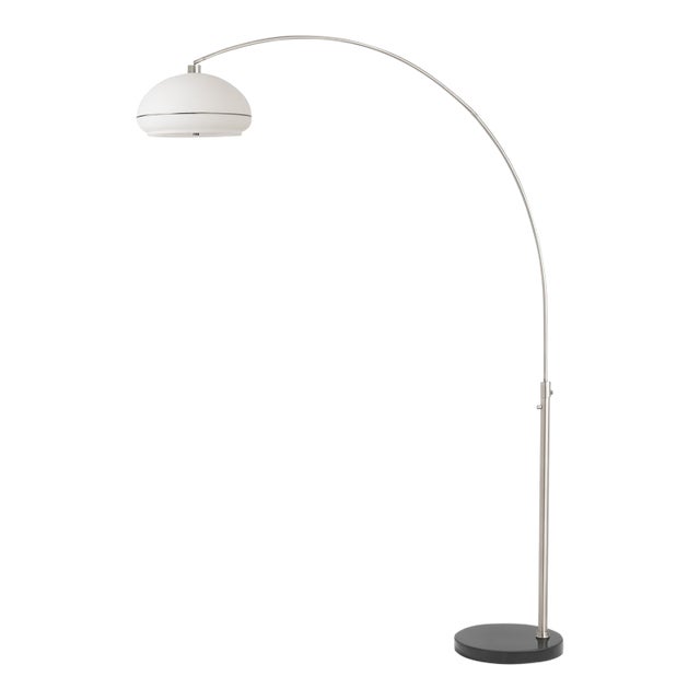 1960s Nova of California Morelli Floor Lamps - 92" Modern Arc Lamp, Satin Nickel Body, Black Marble Base, Lucite Shade, Dimmable For Sale
