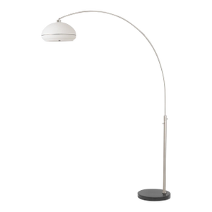 1960s Nova of California Morelli Floor Lamps - 92" Modern Arc Lamp, Satin Nickel Body, Black Marble Base, Lucite Shade, Dimmable