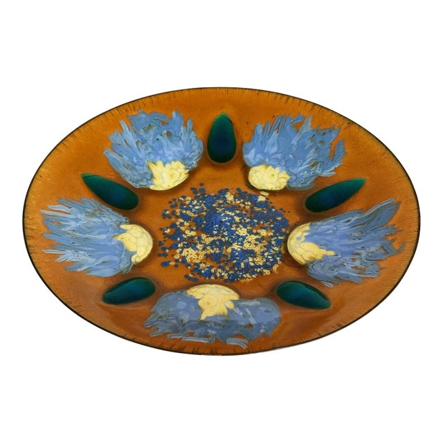 Mid Century Original Edwards Star Enamel Plate Dish in Blue, Turquoise Yellow and Copper For Sale