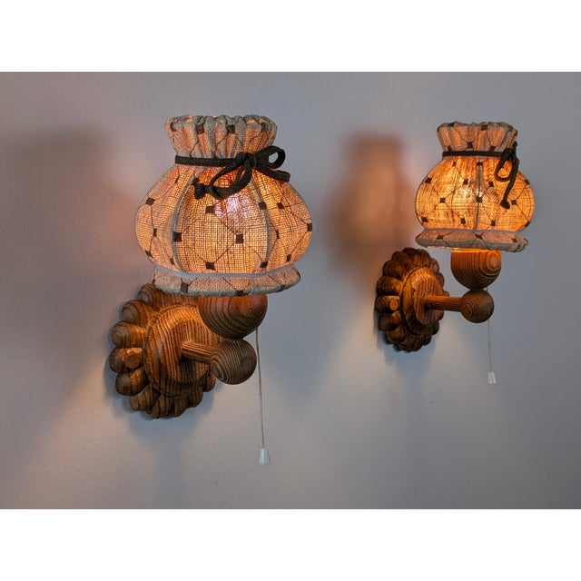 Swedish Carved Pine Wall Sconces with Jute Shades, 1970s, Set of 2, in Good conditions. Designed 1970 to 1979 Up to 250V...