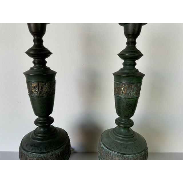 Metal James Mont Style Brass Chinoiserie Table Lamps - A Pair/Sold For Sale - Image 7 of 12