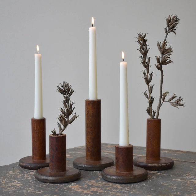 Vintage Folk Art Repurposed Textile Spool Candleholders, Set of Five, Circa 1950s. Constructed from sections of industrial...