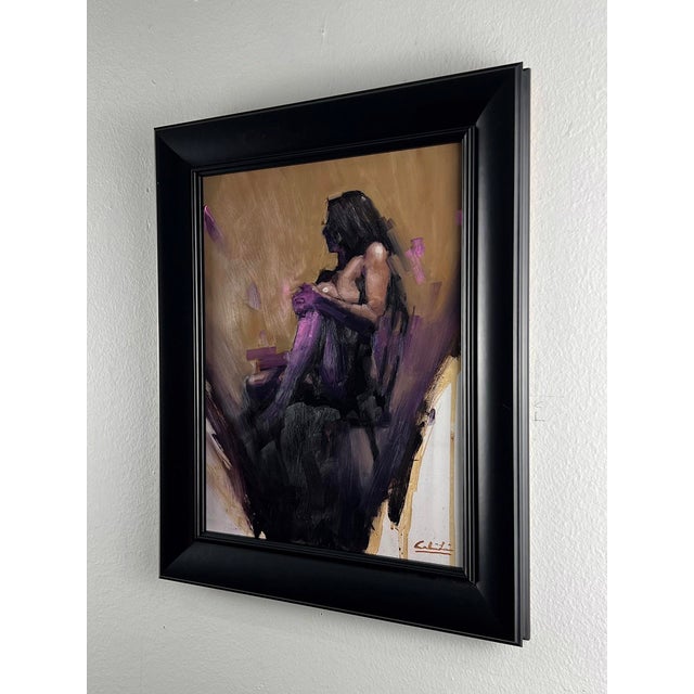 Abstract Opaque by Calvin Lai | Oil on hardboard panel Female figure in a seated pose with dark tones. For Sale - Image 3 of 5