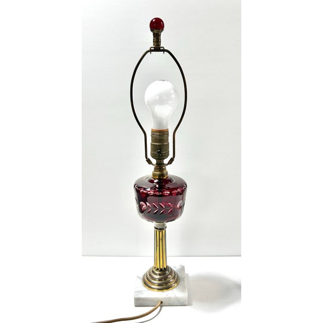 Antique Bohemian Ruby Red Cut Etched Crystal Lamp For Sale - Image 4 of 11