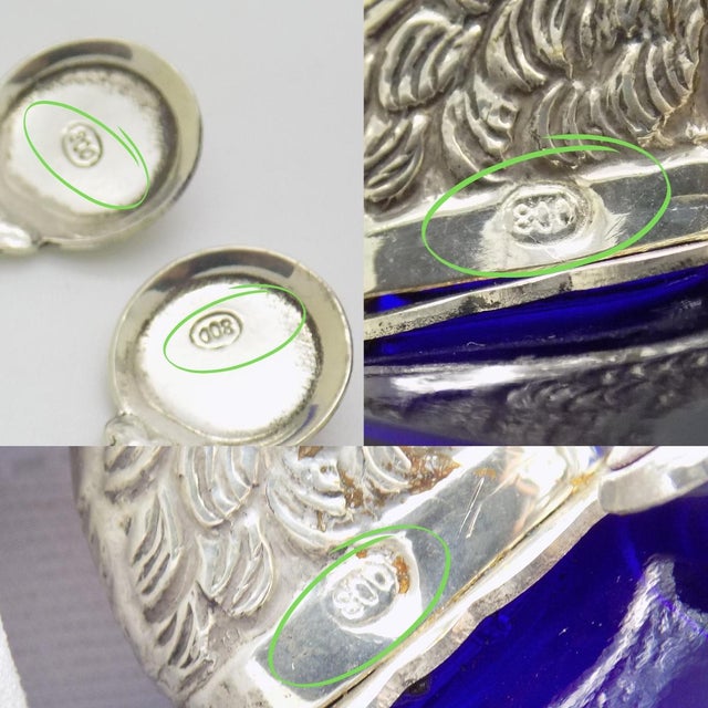 Vintage Italian Sterling Silver 800 Swan Salt Cellars with Cobalt Glass Liners and Spoons, 1970s, Set of 4 For Sale - Image 11 of 13
