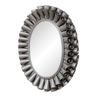 Mid 20th Century Sunburst Silver Metal Oval Mirror For Sale