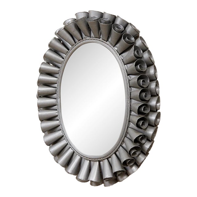 Mid 20th Century Sunburst Silver Metal Oval Mirror For Sale