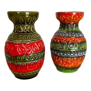 Multi-Color Fat Lava Op Art Pottery Vase attributed to Bay Ceramics, Germany, 1970s, Set of 2 For Sale