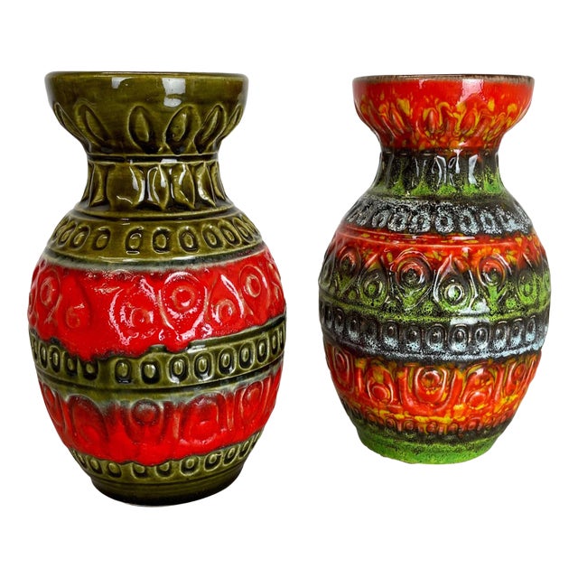 Multi-Color Fat Lava Op Art Pottery Vase from Bay Ceramics, Germany, 1970s, Set of 2 For Sale