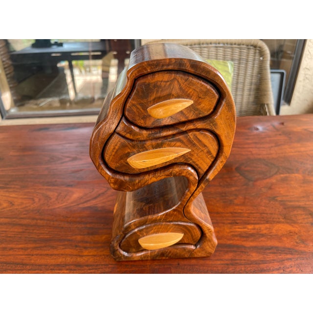 Workaday Handmade Handcrafted Usa 1980's David Behl Bandsaw 3 Wooden Drawers Jewelry Box For Sale - Image 4 of 9