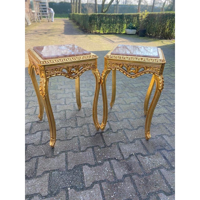 1990s French Louis XVI Gold Pink Marble Side Tables Pair For Sale - Image 17 of 17