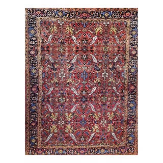 Vintage Persian Heriz Rug, Hand-Knotted Wool, Allover Geometric Pattern, Red & Blue, 8x11 For Sale