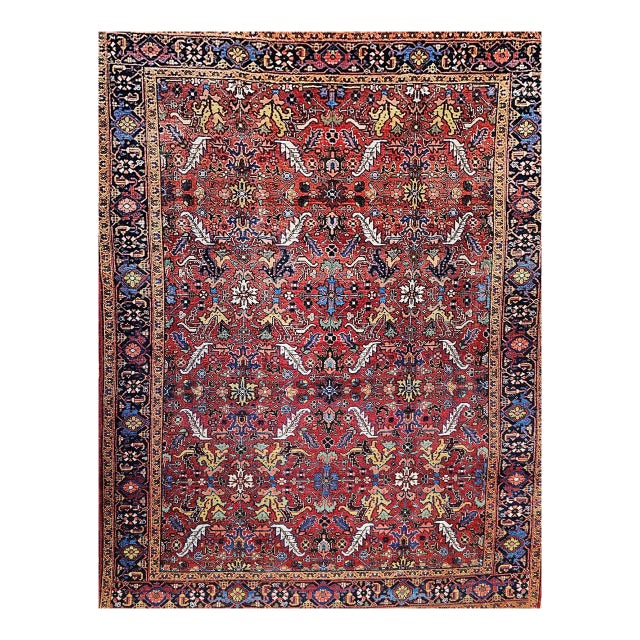 Vintage Persian Heriz Rug, Hand-Knotted Wool, Allover Geometric Pattern, Red & Blue, 8x11 For Sale