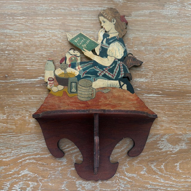 Vintage Hand Painted Folk Art Wooden Kitchen Shelf Featuring Girl Baking With Dog For Sale - Image 9 of 10